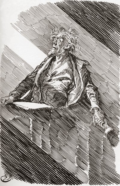 Magwitch sob pena de morte. "Um amplo raio de luz entrou pelas grandes janelas do tribunal. Erguendo-se por um momento, uma mancha de rosto distinta neste raio de luz, o prisioneiro disse: "Meu Senhor, recebi a minha sentença de Morte do Todo-Poderoso de Harry Furniss