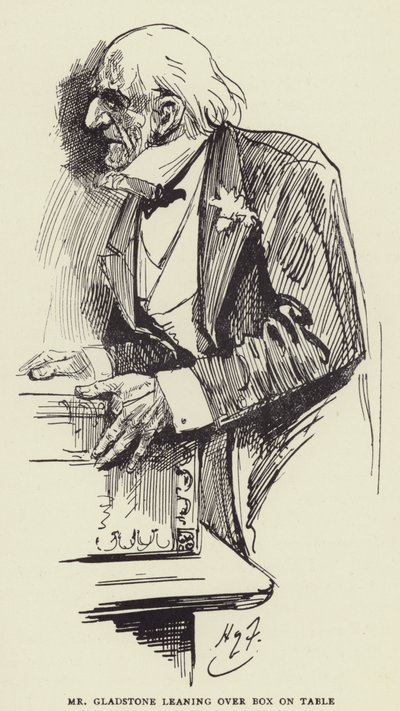 Sr. Gladstone, inclinando-se sobre a caixa na mesa de Harry Furniss