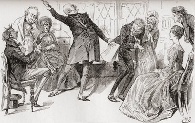 O Sr. Micawber Atinge a Queda das Ovelhas. "O florescimento triunfante com que o Sr. Micawber lhe entregou as palavras, teve um efeito poderoso em alarmar a mãe, que gritou com muita agitação: "Ury! Ury! Sê 