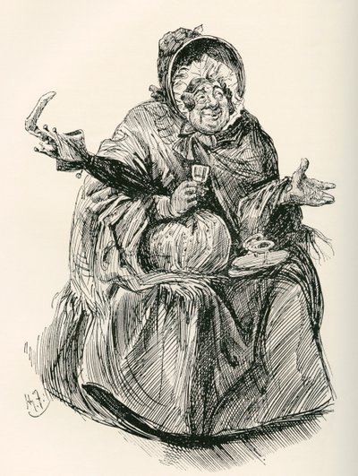 Sra. Gamp. Ilustração de Harry Furniss para o romance de Charles Dickens Martin Chuzzlewit, de The Testimonial Edition, publicado em 1910. de Harry Furniss