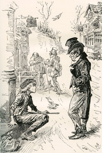 Oliver cai com The Artful Dodger. "Hullo, meu coiro, qual é a fila?" disse este estranho jovem cavalheiro a Oliver. "Estou com muita fome e cansado", respondeu Oliver; as lágrimas em pé nos seus olhos enquanto ele falava. "Percorri um longo caminho. Tenho  de Harry Furniss