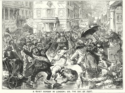 Soco cartoon: Um Domingo calmo em Londres; ou, o Dia de Descanso (gravura) de Harry Furniss