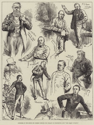 Esboços na Câmara dos Comuns durante os debates sobre o procedimento de Harry Furniss