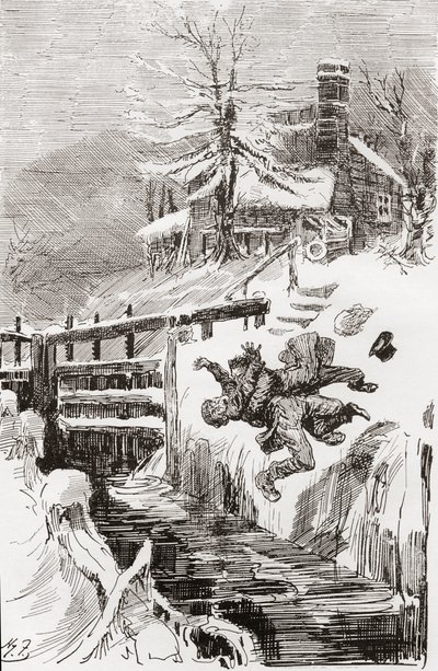A Luta Mortal na Fechadura. "Aint I told you". "Vou manter-te vivo, e vou manter-te morto" gritou Bradley, enquanto o Riderhood recuava sobre o poço liso, e Bradley Headstone sobre ele". Ilustração de Harry Furniss para o romance de Charles Dickens de Harry Furniss
