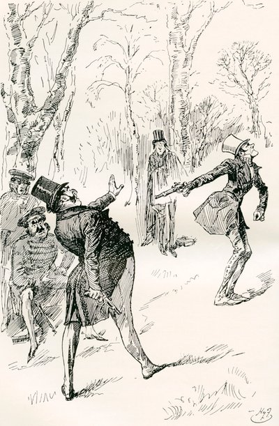 O duelo depois do baile. " Os olhos do Sr. Winkle estando fechados, impediram-no de observar o comportamento extraordinário e irresponsável do Dr. Slammer. Aquele cavalheiro olhou, esfregou os olhos, e, finalmente, gritou "Parem, parem! não é esse o homem" de Harry Furniss