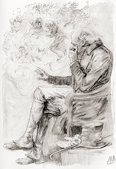 O Sonho de Trotty. "Teria Trotty sonhado? Ou serão as suas alegrias e tristezas, e os seus actores, mas um sonho; ele próprio um sonho; o contador deste conto um sonhador, acordando mas agora?" Ilustração de Harry Furniss para o conto The Chimes from The C de Harry Furniss