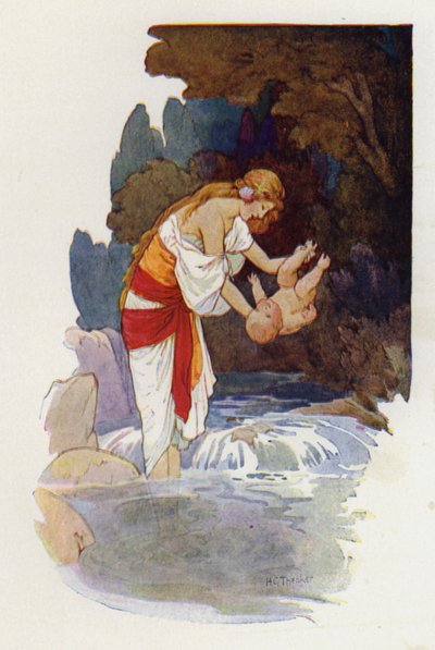 Aquiles enquanto Tétis molhava a criança, segurando-a por um calcanhar (litografia a cores) de Harry George Theaker
