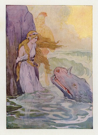 Andrómeda e o monstro (litografia a cores) de Harry George Theaker