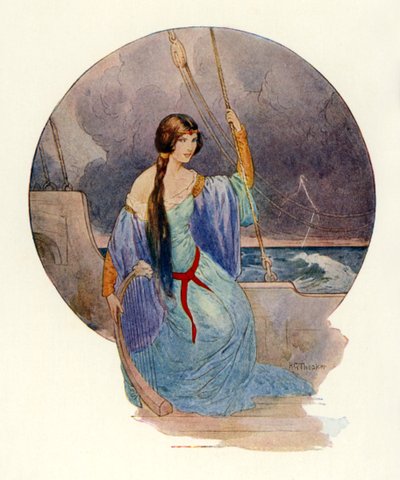 "Por fim, quando um relâmpago vívido envolveu todo o navio em chamas azuis, a canção cessou subitamente" (litografia a cores) de Harry George Theaker