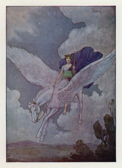 Belerofonte e o seu cavalo com asas de prata (litografia a cores) de Harry George Theaker