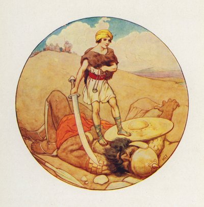 David agarrou na espada do próprio gigante e cortou a cabeça de Golias (litografia a cores) de Harry George Theaker