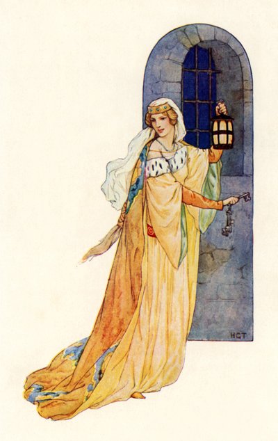 "Segue-me!" disse a donzela (litografia a cores) de Harry George Theaker