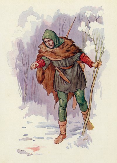 "Ha!" gritou Herbert, o Guarda-florestal, "houve aqui uma matança!" (litografia a cores) de Harry George Theaker