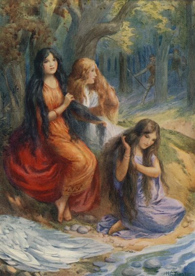 Hladgrun, Olrun e Alvit, de "Wayland the Smith" (litografia a cores) de Harry George Theaker