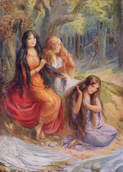 Hladgrun, Olrun e Alvit, ilustração de "The Wayland Smith" ilustrada em "Northern Legends" de Raphael Tuck (pub) (litografia a cores) de Harry George Theaker