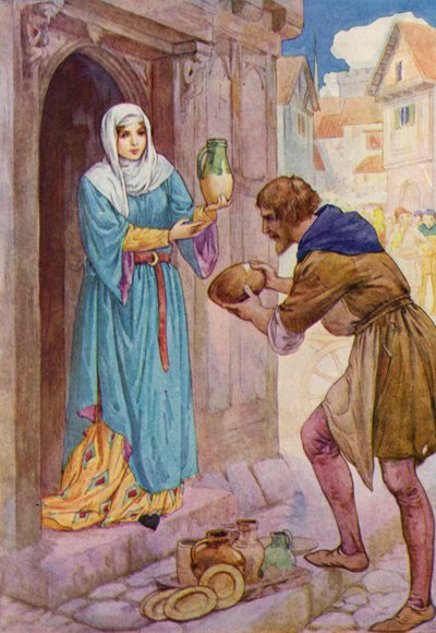 "Trago estes pobres vasos como presente para a senhora de Rainault", disse Robin à criada (litografia a cores) de Harry George Theaker