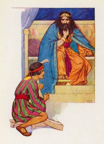 O rei Saul mandava David tocar harpa (litografia a cores) de Harry George Theaker