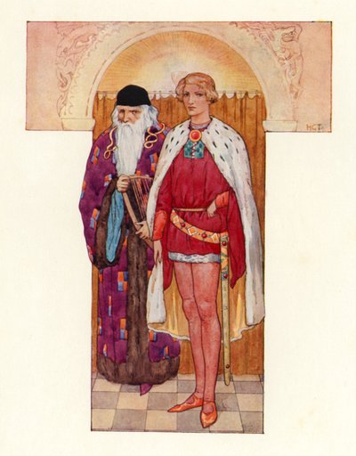 Merlin com Galahad ao seu lado (litografia a cores) de Harry George Theaker