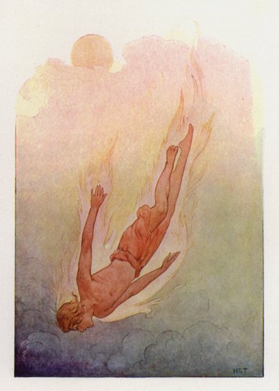 Phaeton com o cabelo em chamas, caindo num rio profundo e fresco (litografia a cores) de Harry George Theaker