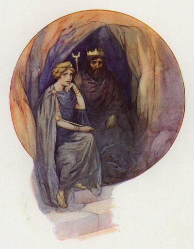 Prosérpina sentada, vestida com longas vestes negras, num grande trono negro, com o feroz rei negro ao seu lado (litografia a cores) de Harry George Theaker