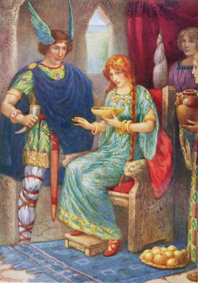 Skyrnir e Gerda, da ilustração "Frey e Gerda" em "Histórias infantis das lendas do Norte" publicadas por Raphael Tuck de Harry George Theaker