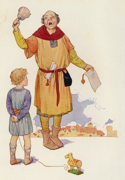 O pregoeiro proclamou a notícia e toda a cidade fervilhou de entusiasmo (litografia a cores) de Harry George Theaker