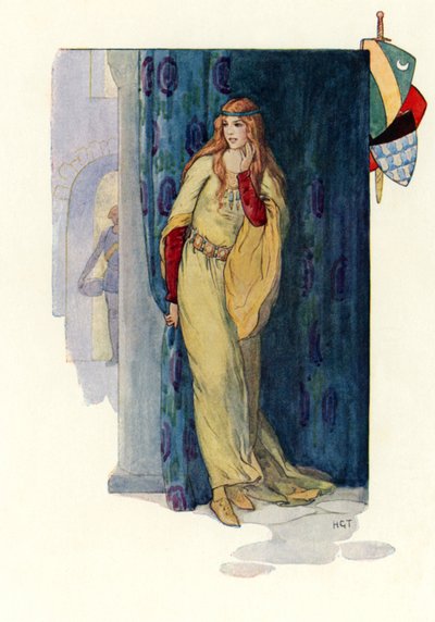 A rosa da donzela muda escondendo-se atrás de uma cortina (litografia a cores) de Harry George Theaker