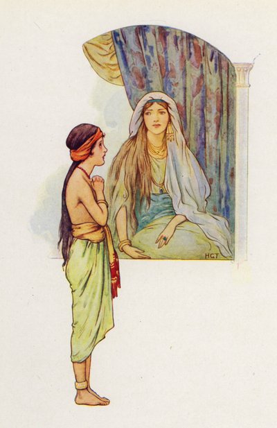A pequena criada cativa disse à sua patroa que havia um profeta em Samaria que curaria Naamã da sua lepra (litografia a cores) de Harry George Theaker