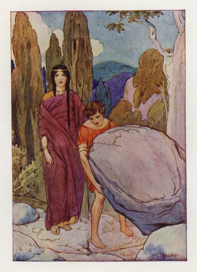 Teseu erguendo a grande rocha, sob a qual se encontravam a espada e as sandálias (litografia a cores) de Harry George Theaker