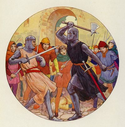 Três vezes Isambart empurrou, e três vezes o empurrão foi largo (litografia a cores) de Harry George Theaker