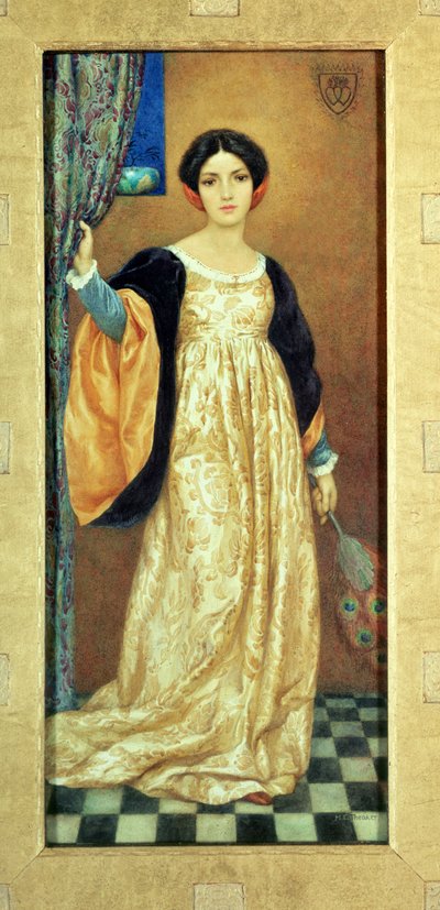 Mulher com leque de pavão (aguarela) de Harry George Theaker