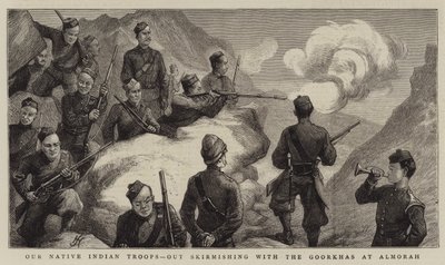 Nossas tropas indígenas nativas, fora escaramuça com os Goorkhas em Almorah de Harry Hamilton Johnston