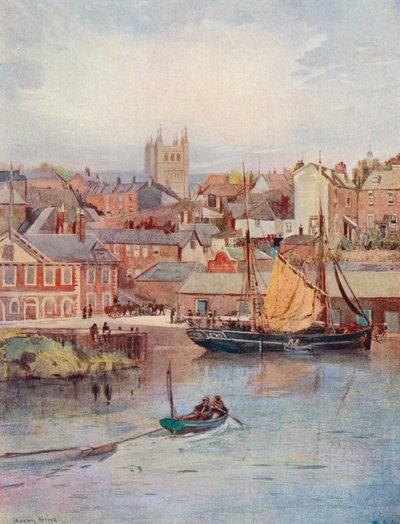 The Quay, Exeter, com as torres da catedral (litografia a cores) de Harry Hine