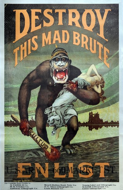 Campanha de recrutamento militar da 1ª Guerra Mundial dos EUA "Destroy this Mad Brute - Enlist" pub. 1917 de Harry R. Hopps