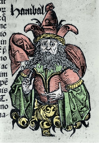 Retrato de Hannibal ou Annibal Barca (247 a.C. - 183 a.C.), general cartaginês e estadista. Xilografia de "Crónicas de Nuremberga" de Hartmann Schedel de Hartmann Schedel