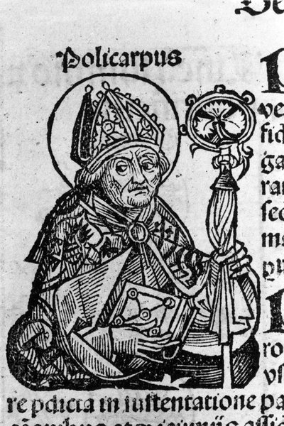 Retrato de São Policarpo de Esmirna (ca. 69-155), eveque. Gravura de "Crônicas de Nurembergue" de Schedel Hartmann (1440-1514) de Hartmann Schedel