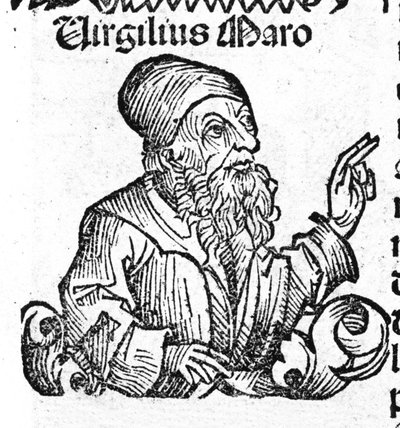Retrato do poeta latino Virgil (70 a.C. - 19 a.C.). Xilografia de "Crónicas de Nuremberga" de Hartmann Schedel de Hartmann Schedel