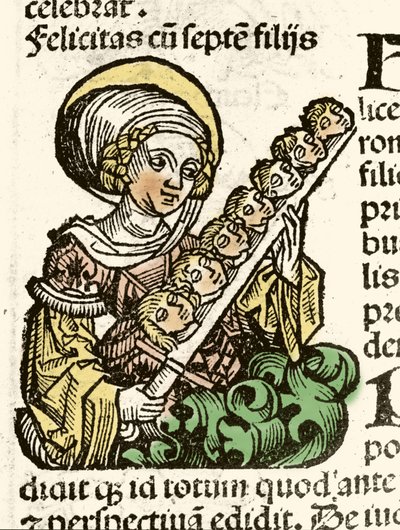 Representação de Santa Felicite, martírio em Roma com as cabeças de seus sete filhos. xilografia de Hartmann Schedel "Crônicas de Nuremberg" 1493. de Hartmann Schedel