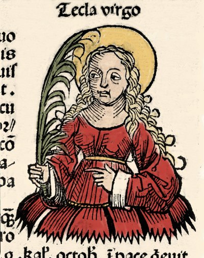 Representação da Virgem e do Martírio O Ciclo do Icônio (Santa Tecla) Xilografia de "Crônicas de Nurembergue" de Hartmann Schedel de Hartmann Schedel