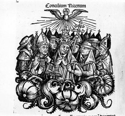 O Conselho de Nicéia. Ilustração de "Crónicas Universais de Nuremberga" de H. Schedel de Hartmann Schedel