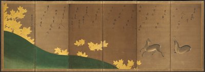 Veado com bordos, c.1605-10 (tela dobrável de seis painéis: tinta, cor e ouro sobre papel) de Hasagawa & Sodon Tetsuzan (1531 1617) (attr.) Tohaku
