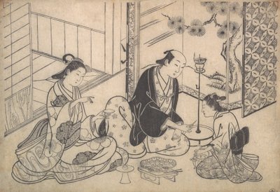 Interior, Três Figuras: Festa do Saquê, ca. 1730. de Hasegawa Mitsunobu