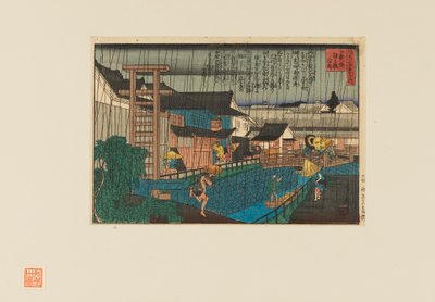 Impressão em xilogravura - cena de chuva em kita-shinchi em Osaka. Pessoas com guarda-chuvas, século XIX de Hasegawa Sadanobu