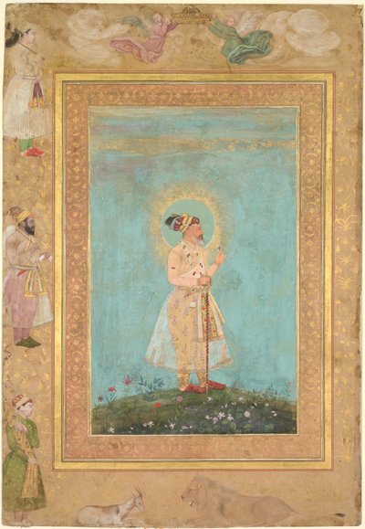 Shah Jahan segurando um espinélio e uma longa espada Deccan, do Late Shah Jahan Album, c. 1650. de Hashim