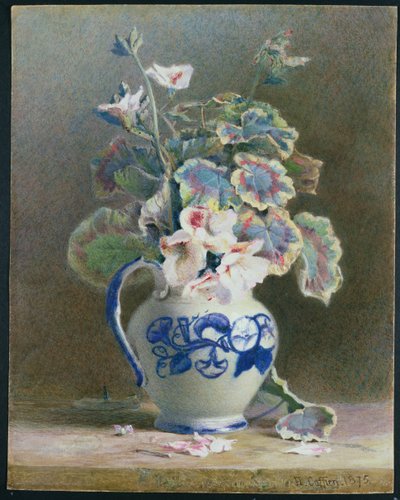 Gerânios em um jarro de China, 1875 (wc, guache no papel) de Hector Caffieri