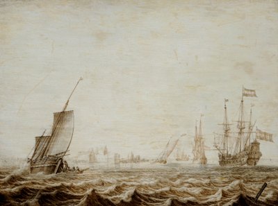 Um Wijdschip a baixar a vela num mar agitado, meados do século XVII (óleo sobre painel) de Heerman Witmont
