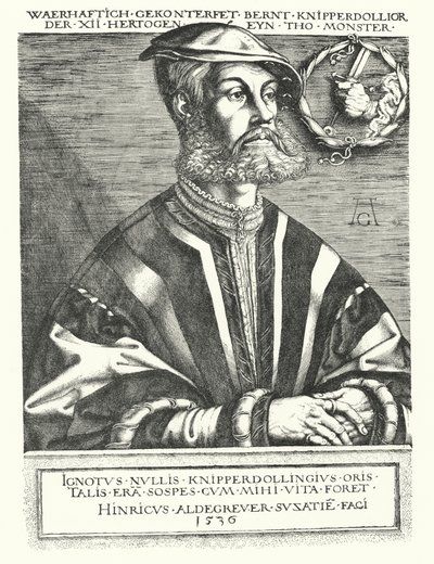 Bernhard Knipperdolling, líder anabaptista alemão e um dos líderes da Rebelião de Munster de 1534-1535 (gravura) de Heinrich (after) Aldegrever