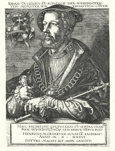 João de Leiden, líder anabaptista holandês e um dos líderes da Rebelião de Munster de 1534-1535 (gravura) de Heinrich (after) Aldegrever