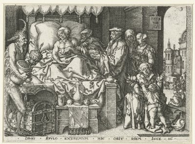 O homem rico em seu leito de morte Parábola de Lázaro e o Rico (título da série) de Heinrich Aldegrever