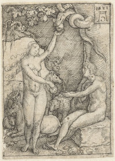 Eva alcança Adão a Maçã debaixo da árvore com a cobra Desenhos de design para a série de gravuras The Power of Death (título da série) de Heinrich Aldegrever